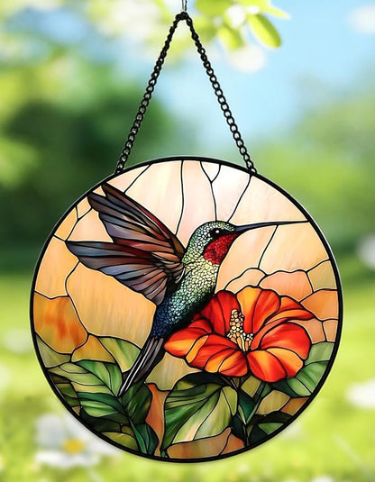 9.8In Hummingbird Stained Glass Window Hanging, Large Stained Glass Suncatcher for Indoor Home Decor, Vibrant Bird & Flower Window Suncatcher Ornament for Garden, Ideal Gift for Women Mom Bird Lovers