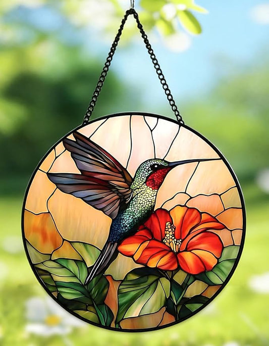 9.8In Hummingbird Stained Glass Window Hanging, Large Stained Glass Suncatcher for Indoor Home Decor, Vibrant Bird & Flower Window Suncatcher Ornament for Garden, Ideal Gift for Women Mom Bird Lovers