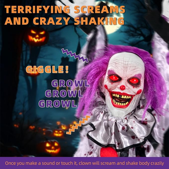 Kendane Halloween Decorations Outdoor and Indoor,Scary Halloween Animatronics Clown,Hanging Clown with Light-Up Eyes and Creepy Sound,Party Decorations for Yard Lawn,Haunted House Decor