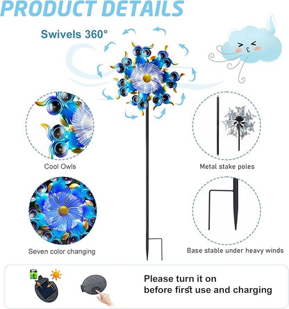 Solar Owls Wind Spinners for Yard and Garden,51 Inch Solar Windmill Seven Color LED Light Whirligig Kinetic Spinner to Scare Birds Decor for Lawn, Patio,Owl Gift Metal Wind Outdoor Sculpture