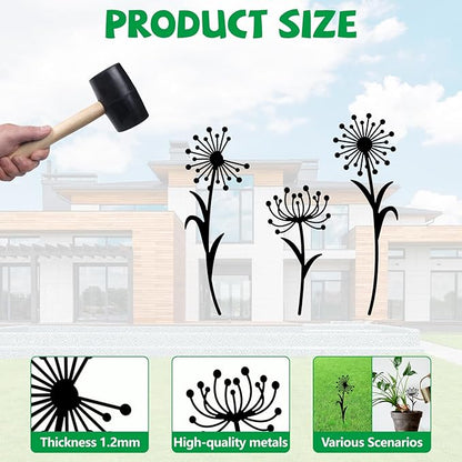 GLOBLELAND 3pcs Dandelion Mental Garden Stakes Black Silhouette Flower Decorative Yard Stakes Spring Trees Metal Outdoor Art Decor for Yard Patio Lawn Walkway Ornament