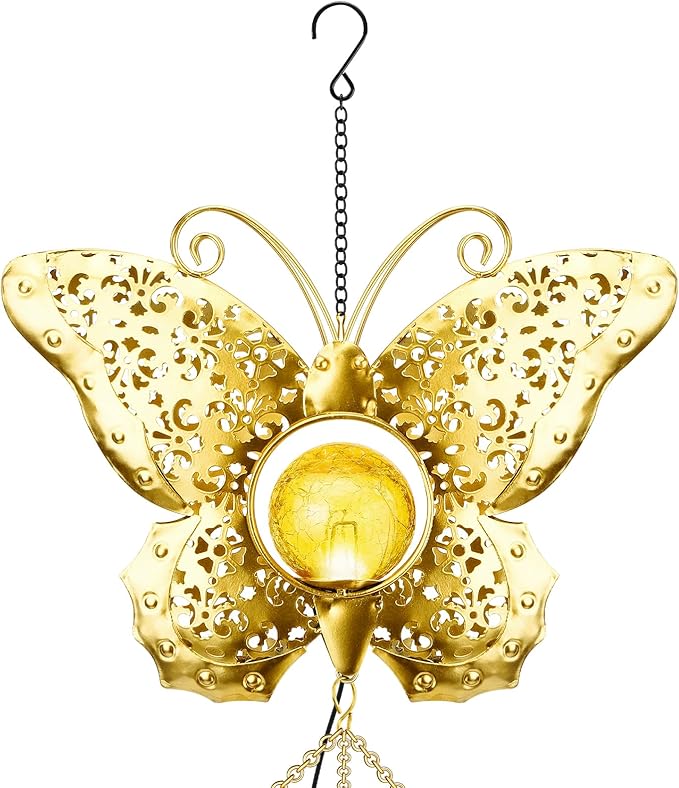JYPS Butterfly Solar Wind Chimes, 40-Inch Large Waterproof Windchime for Outside with Glowing Crackle Glass Ball, Garden Patio Yard Decor Christmas Day Birthday Unique Gifts for Women Mom Grandma Wife