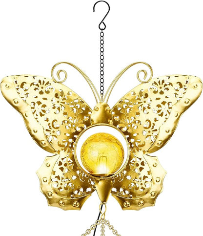 JYPS Butterfly Solar Wind Chimes, 40-Inch Large Waterproof Windchime for Outside with Glowing Crackle Glass Ball, Garden Patio Yard Decor Christmas Day Birthday Unique Gifts for Women Mom Grandma Wife