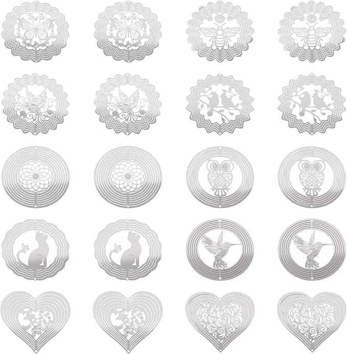 20Pcs Metal Replacement Wind Catcher, Beadthoven Wind Chime Parts Stainless Steel Bird Flower Cat Heart Round Shaped Flat Metal Embellishments for Wind Bells Memorial Sympathy Wind Chimes