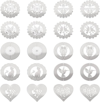 20Pcs Metal Replacement Wind Catcher, Beadthoven Wind Chime Parts Stainless Steel Bird Flower Cat Heart Round Shaped Flat Metal Embellishments for Wind Bells Memorial Sympathy Wind Chimes