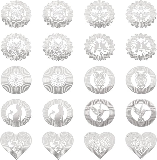 20Pcs Metal Replacement Wind Catcher, Beadthoven Wind Chime Parts Stainless Steel Bird Flower Cat Heart Round Shaped Flat Metal Embellishments for Wind Bells Memorial Sympathy Wind Chimes