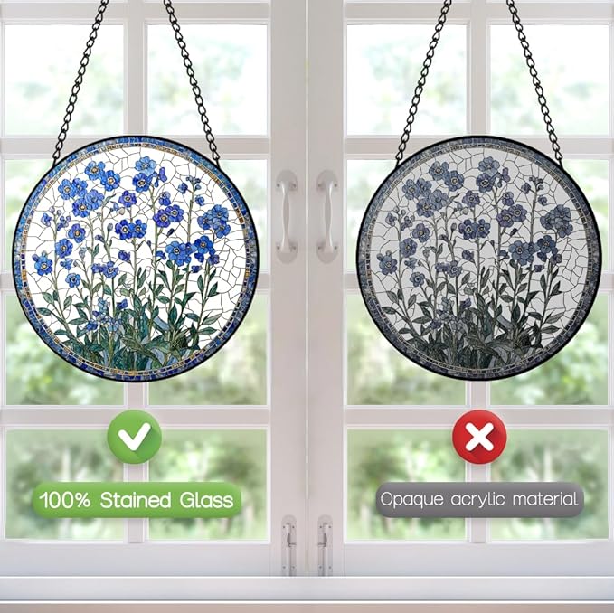 Forget Me Not Flower Suncatcher Stained Glass Window Hanging - 8″ Handmade Blue Flowers Suncatchers for Windows Hanging-Sun Catchers Wall Decor Home Garden Decorations Gift for Women Mom Plant Lovers