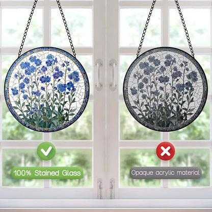 Forget Me Not Flower Suncatcher Stained Glass Window Hanging - 8″ Handmade Blue Flowers Suncatchers for Windows Hanging-Sun Catchers Wall Decor Home Garden Decorations Gift for Women Mom Plant Lovers