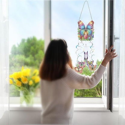 DIY Wind Chime Pendant Spring 3D Diamond Art Painting Hanging Ornament Double Sided Diamond Suncatchers for Window Home Backyard Garden Wall Door Decor-Butterfly01