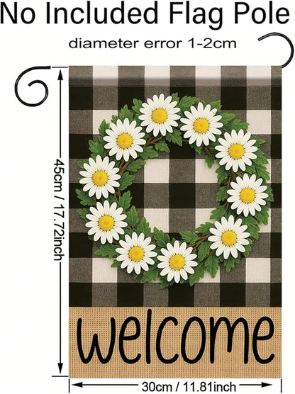Buffalo Plaid Welcome Wreath Garden Flag 12x18 Double Sided Daisy Flower Flag Rustic Spring Summer Decor for Porch Patio Lawn Farmhouse Seasonal Small Yard Farmhouse Holiday Outdoor