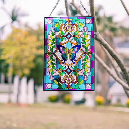 Viveta Butterfly Stained Glass Window Hangings, 10" W x 15" H Suncatcher Panel Windows Wall Decor with Metal Frame & Chain