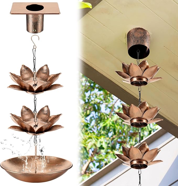 MorningRo 8.5ft Rain Chains for Gutters Outside with Anchor Basin 12 Cups Rain Chain Catcher Downspout Replacement Adjustable Metal Garden Rainwater Divert for Eaves Drainage(Flower)