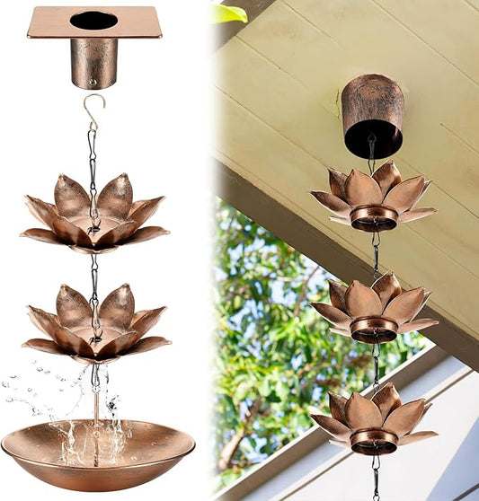 MorningRo 8.5ft Rain Chains for Gutters Outside with Anchor Basin 12 Cups Rain Chain Catcher Downspout Replacement Adjustable Metal Garden Rainwater Divert for Eaves Drainage(Flower)