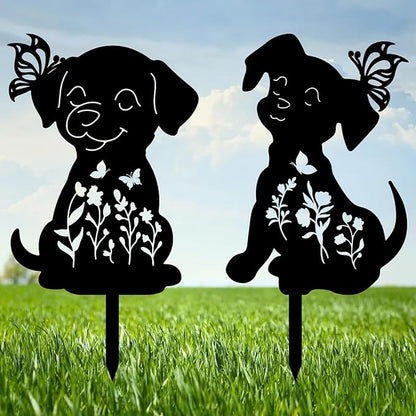CREATCABIN 2Pcs Black Dog Stake Metal Dog Garden Decor Art Dog Silhouette Statues Garden Decorative Dog Ground Insert Lawn Ornaments for Outside Outdoor Dog Lover Gifts 8.6/8.3x11.8Inch