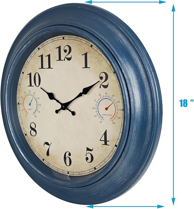 18 Inch Large Outdoor Wall Clock with Thermometer & Hygrometer, Waterproof Retro Blue Garden Clock for Patio, Pool, Backyard, Farmhouse Decor, Silent Non-Ticking