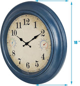 18 Inch Large Outdoor Wall Clock with Thermometer & Hygrometer, Waterproof Retro Blue Garden Clock for Patio, Pool, Backyard, Farmhouse Decor, Silent Non-Ticking