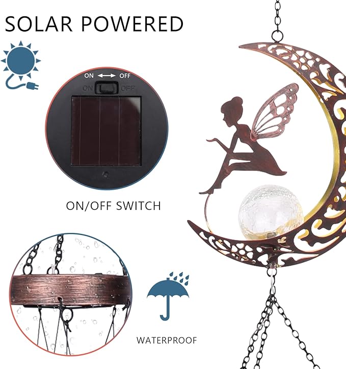 Taman Wind Chime - 43.5" Fairy Solar Wind Chimes Valentine's Day Gift for Outside Crackle Glass Ball Decorative Memorial Gift, Aluminum Tubes for Home, Outdoor, Yard, Patio,Garden Decor