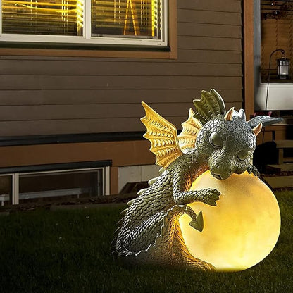 G Ganen Garden Dragon Statue, Resin Dinosaur Outdoor Sculptures - Cute Garden Dragon Figurines with LED Lights for Home Decor, Patio Lawn Yard Decor