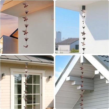 Rain Chain for Gutters,8.5FT Rain Catcher Chain for Outside with 7 Metal Cups & Hummingbird Decor,Adjustable Hanging Rain Hutter Chain Downspout Substitute for Garden Drainage & Eaves (Brown)