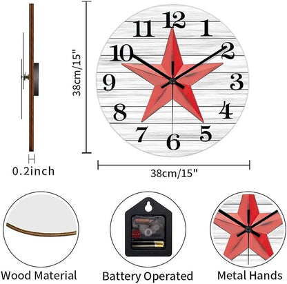 Retro Farmhouse Wall Clock Western Texas Star Vintage Retro Style Wood Clock Silent Non-Ticking Battery Operated Wooden Desk Clock for Living Room School Patio Home Accent 15 Inch