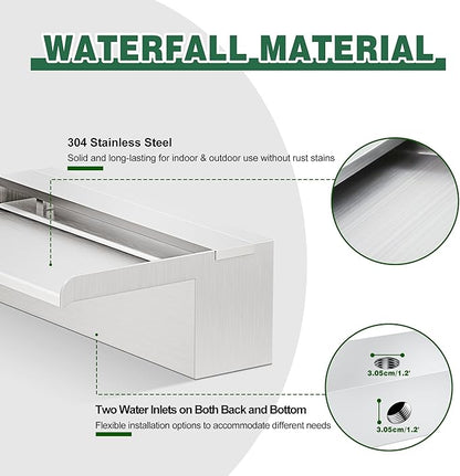 Waterfall Pool Fountain, LONGRUNNEW Stainless Steel Waterfall Spillway with Pipe Connector Kits for Outdoor/Indoor Decorative, 23.6 Inches Pool Water Feature for Garden Patio, Backyard Koi Pond Decor