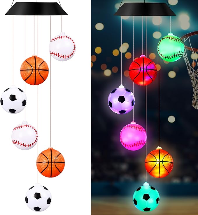 GlikCeil Sports Ball Solar Wind Chimes 27.5inch Sports Decorations Outside Waterproof Hanging LED for Yard, Porch, Patio, Party, Color Changing Lights