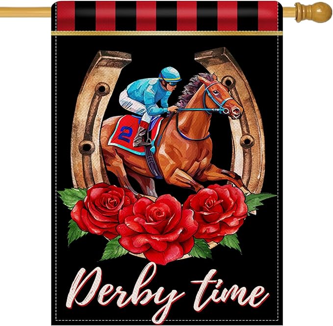 Artofy Derby Time Horse Racing Large Decorative House Flag, Kentucky Jockey Rose Flower Black Red Yard Garden Outside Decor, Horseshoe Burlap Outdoor Home Decoration Double Sided 28 x 40