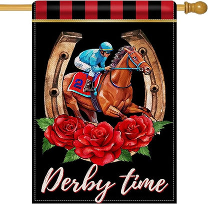 Artofy Derby Time Horse Racing Large Decorative House Flag, Kentucky Jockey Rose Flower Black Red Yard Garden Outside Decor, Horseshoe Burlap Outdoor Home Decoration Double Sided 28 x 40