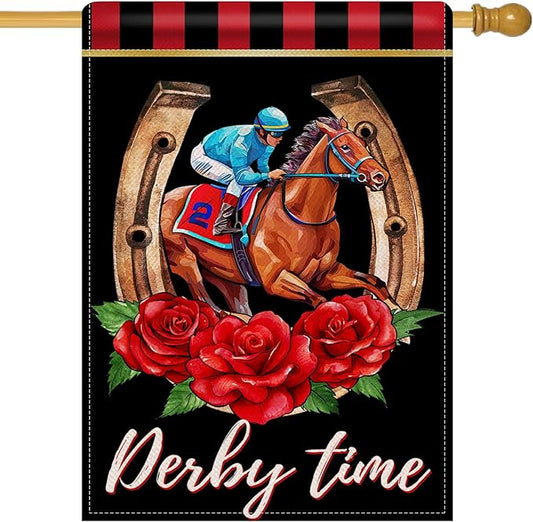Artofy Derby Time Horse Racing Large Decorative House Flag, Kentucky Jockey Rose Flower Black Red Yard Garden Outside Decor, Horseshoe Burlap Outdoor Home Decoration Double Sided 28 x 40