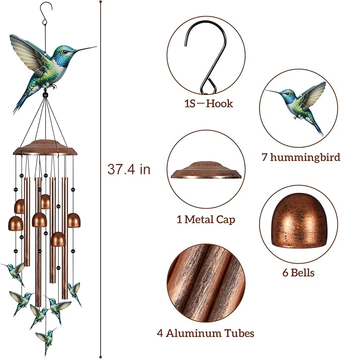 Wind Chimes for Outside, Sympathy Wind Chimes for Outdoors Garden Decor with Natural Sounds, Gifts for Women Mom and Grandma, Indoor Outdoor Decorations for Patio Porch and Backyard(Hummingbird)