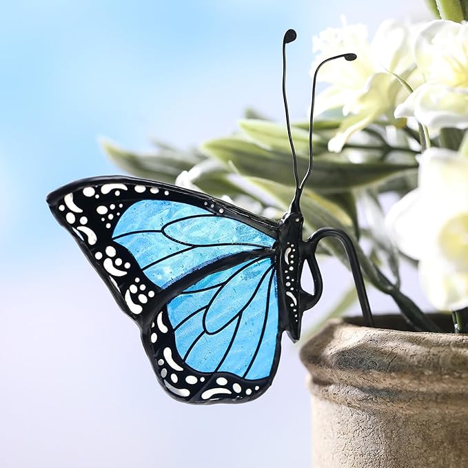 Geelin 1 Pc Stained Glass Butterfly Suncatcher Flower Pot Decoration Metal Plant Pot Hangers Colorful Garden Yard Suncatcher Decor for Spring Home Indoor Outdoor Decor(Blue)