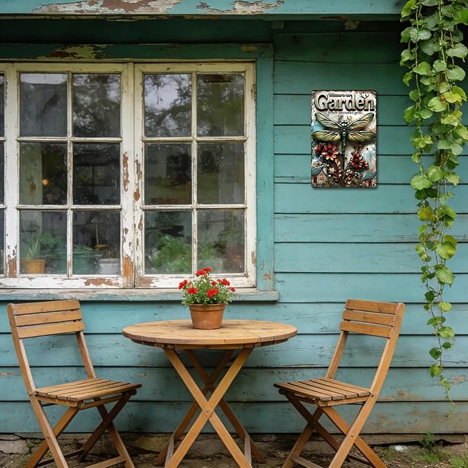 Garden Signs for Outside, 2D Flat Funny Metal Signs for Porch Garden Patio Yard - Welcome to our Garden Where Memories Grow, Vintage Gardening Gifts for Women, Wall Decor 12" x 8"