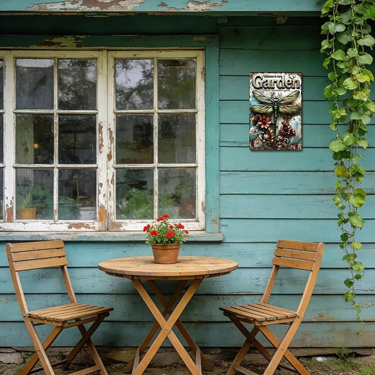 Garden Signs for Outside, 2D Flat Funny Metal Signs for Porch Garden Patio Yard - Welcome to our Garden Where Memories Grow, Vintage Gardening Gifts for Women, Wall Decor 12" x 8"
