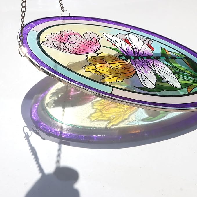 Stained Glass Window Hanging Dragonfly Suncatchers 10 Inch Glass Panel Sun Catchers Window Valentine Wall Art, Stained Glass Dragonfly Light Catchers for Windows Glass Valentine Gift