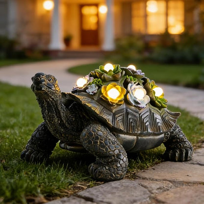 Solar Powered Succulent Turtle Statue, Resin Garden Decor with LED Lights, Waterproof Outdoor Ornament for Patio, Yard, Lawn, Porch, Unique Housewarming Gifts