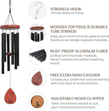 UpBlend Wind Chimes for Outside Gift – Deep Tone Wind Chime with Decorative Stone – Porch & Patio Decor, Elegant Outdoor Ornament, Garden Gifts. 28” Black.