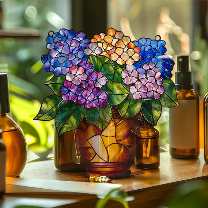 Hydrangea Flower Acrylic Window Hanging,Colorful Flowerpot Hanging,Stained Acrylic Hydrangea Flower Sun Catcher for Home Office Wall Window Decor