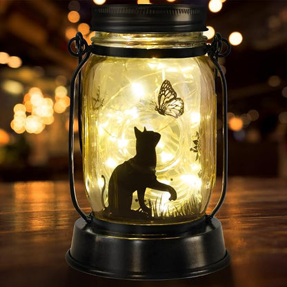 Cat Lover Gifts for Mom/Grandma/Women/Sister Cat Butterfly Solar Light Gifts Mother Day Gift Solar Lanterns Outdoor Waterproof Fairy Lights Led Mason Jar Hanging Cat Lamps Decor for Garden Yard