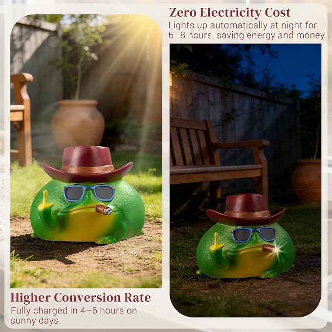 Frog Garden Statue with Solar Light, Outdoor Garden Decor Figurine for Patio Yard Lawn, Funny Frog Art with LED Light, Fairy Garden Accessories, Housewarming & Valentine’s Day Gift, 7.9"x7.9"x6.1"