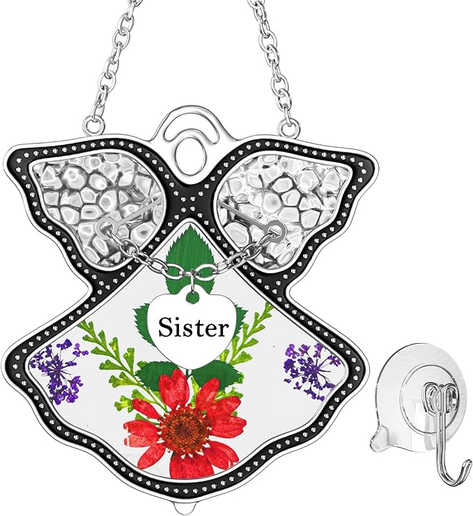KY&BOSAM Angel Suncatcher Sister Stained Glass Suncatchers for Windows Hangings Wind Chime with Pressed Drived Flower and Metal Charm Birthdays Gifts for Sister Mothers Day Valentine's Christmas Decor