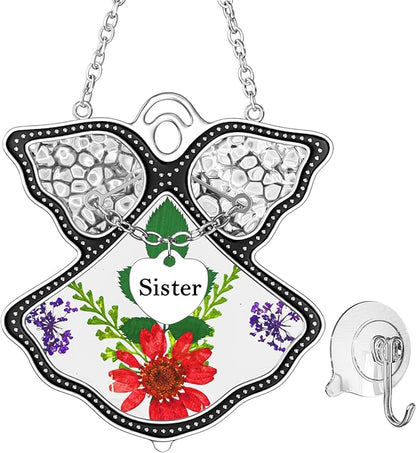 KY&BOSAM Angel Suncatcher Sister Stained Glass Suncatchers for Windows Hangings Wind Chime with Pressed Drived Flower and Metal Charm Birthdays Gifts for Sister Mothers Day Valentine's Christmas Decor