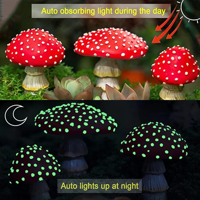 OwMell Glow in The Dark Mushroom, Set of 3 Mushroom Decor Decorations for Garden Yard, Mushroom Tree Decorations Outdoor, Mushroom Statue Figurines, Fairy Garden Decor Accessories - Garden Stakes