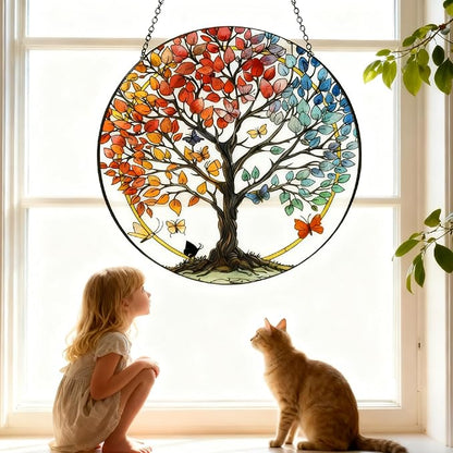 Stained Glass Sun Catcher for Windows Hanging - Handmade Tree of Life Window Decor for Women, Mom, Indoor/Outdoor Suncatchers for Home Garden, Christmas Wedding Housewarming Gift (6.31x6.31In)