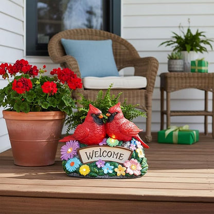 Solar Garden Statues 5.3" Couple Red Cardinal Figurines with Welcome Sign Waterproof Flower Garden Decor LED Lights for Outdoor Yard Patio Lawn Gifts for Mother Grandma Wife Sister Women
