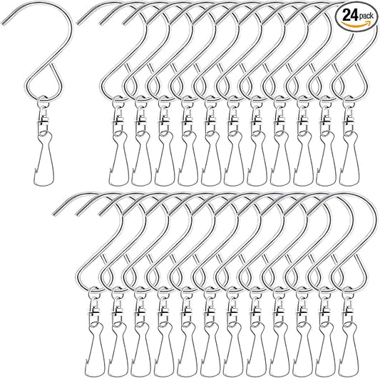 MFDSJ 24 Pcs Swivel Clip Hanging Hooks, Stainless Steel 360 Degree Rotating Windsock Clips for Hanging Wind Chimes, Plants, Bird Feeder, Crystal, Birdcage