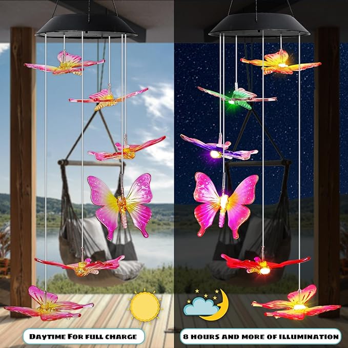 MorTime 25" LED Solar Wind Chime, Color Changing Solar Butterfly Wind Chimes Mobile Hanging Wind Chime for OutsideHome Garden Decoration