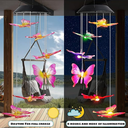 MorTime 25" LED Solar Wind Chime, Color Changing Solar Butterfly Wind Chimes Mobile Hanging Wind Chime for OutsideHome Garden Decoration