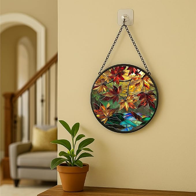 Autumn Leaves Stained Glass Window Hanging Panel – Nature Fall Suncatcher Wall Art for Home Window Decor and Gift