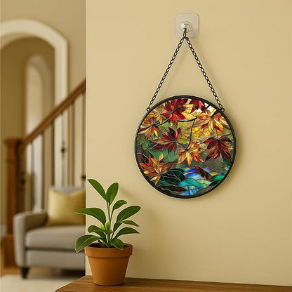 Autumn Leaves Stained Glass Window Hanging Panel – Nature Fall Suncatcher Wall Art for Home Window Decor and Gift