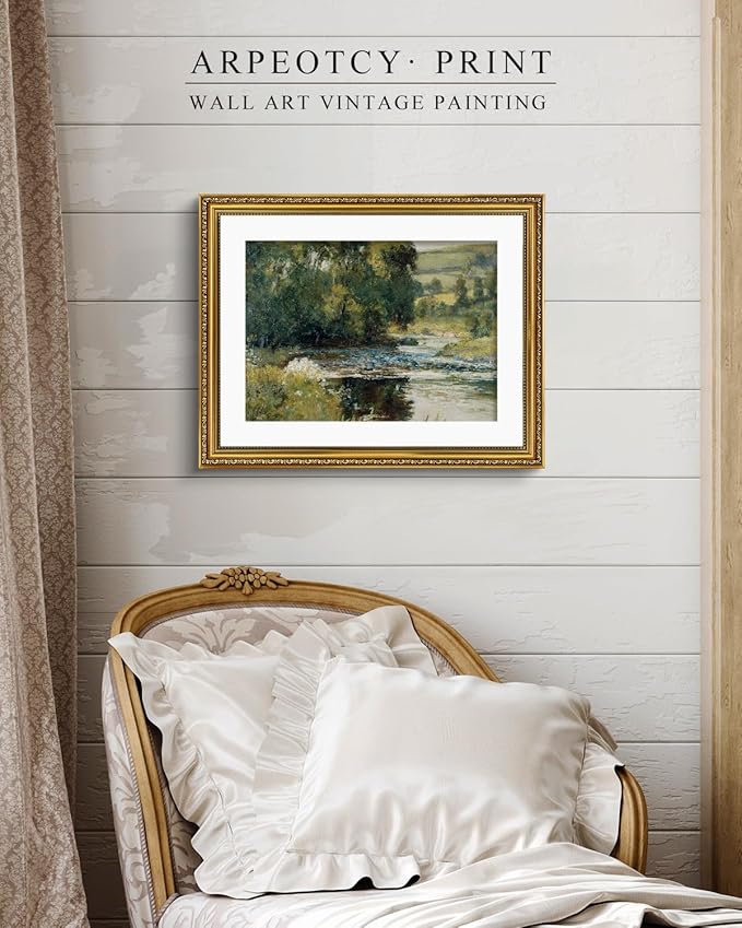 ARPEOTCY Vintage Gold Framed Large Wall Art, Nature Streamside Retro Paintings, Canvas Prints Artwork with Antique Frame, Victorian Wall Pictures Decor for Living Room Gallery Room 16x20 inch